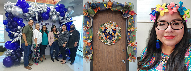 Deyanira Rodriguez poses for a photograph with her co-workers and displays her hobbies.