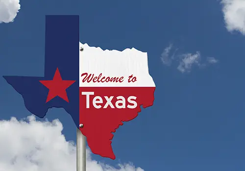 A Welcome-to-Texas sign stands on a pole with clouds in the background.