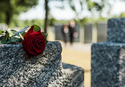 A rose rests on a tombstone at a cemetery.
