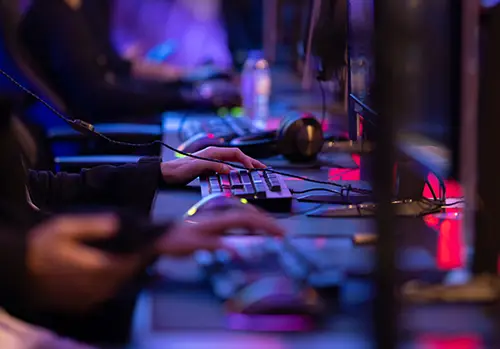 Several electronic-sports players connect to games online.